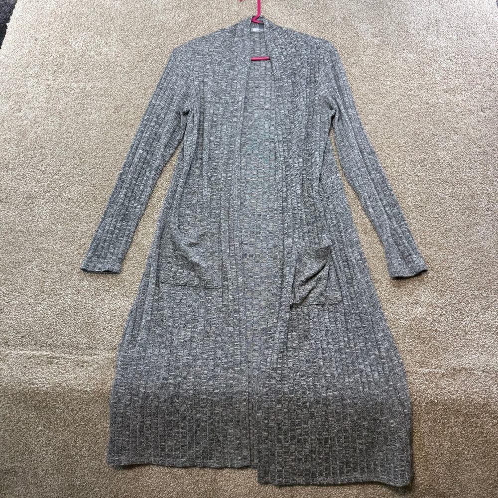 Lisa Rinna Collection Grey Ribbed Duster Cardigan Open Front Pockets Small Fall - Picture 8 of 10